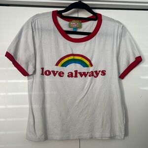 Love always contrast hem band tee White and red rainbow casual short sleeve